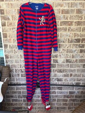 Nick & Nora Sock Monkey Red Blue Striped Fleece Onesie Pajamas Medium